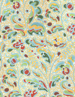 Carmen wallpaper by Claire de Quénetain in yellow and blue, full repeat of a hand-painted floral design