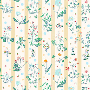 Caroline wallpaper by Claire de Quénetain in yellow and green, full repeat of a hand-painted floral design