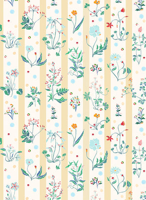 Caroline wallpaper by Claire de Quénetain in yellow and green, full repeat of a hand-painted floral design
