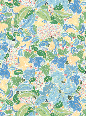 Fabiola wallpaper by Claire de Quénetain in blue and green, full repeat of a hand-painted floral design