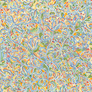 Felicity wallpaper by Claire de Quénetain in green and yellow, full repeat of a hand-painted floral design