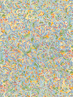 Felicity wallpaper by Claire de Quénetain in green and yellow, full repeat of a hand-painted floral design