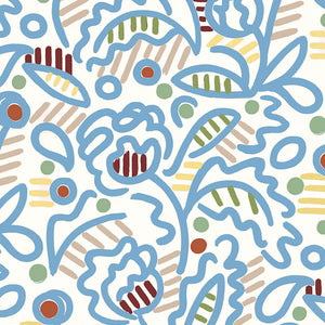 Julius wallpaper by Claire de Quénetain in blue, full repeat of a hand-painted floral design