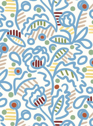 Julius wallpaper by Claire de Quénetain in blue, full repeat of a hand-painted floral design