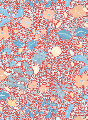 Mafalda wallpaper by Claire de Quénetain in red and blue, full repeat of a hand-painted floral design
