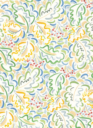 Marianne wallpaper by Claire de Quénetain in yellow and green, full repeat of a hand-painted floral design