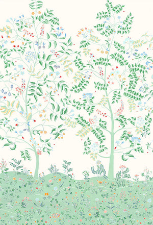 Marine wallpaper by Claire de Quénetain in green, full repeat of a hand-painted floral design