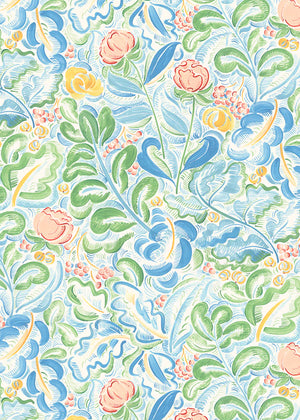 Priscilla wallpaper by Claire de Quénetain in blue and green, full repeat of a hand-painted floral design
