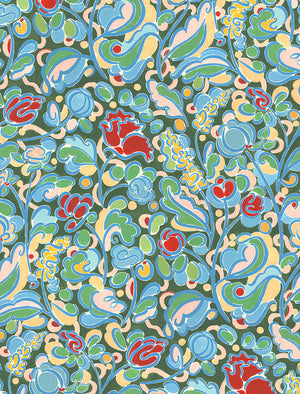 Sybille wallpaper by Claire de Quénetain in green and blue, full repeat of a hand-painted floral design