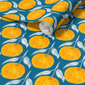 Clementine wallpaper by Seed Home Designs in blue, full repeat of clementine slices