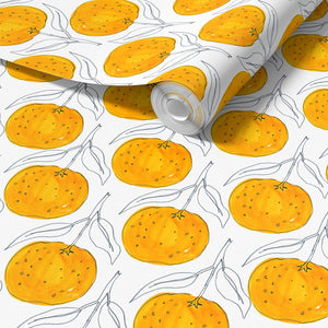 Clementine wallpaper by Seed Home Designs in white, roll showing clementine slices