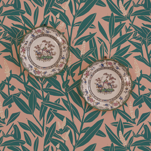 Climbing Vine wallpaper in Beryl and Blushes by Annika Reed Studio, room setting with plates