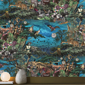 Club Safari wallpaper by Brand McKenzie in turquoise, a lush safari scene on a living room wall
