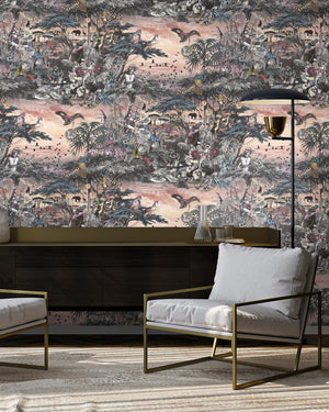Club Safari wallpaper by Brand McKenzie in dusky pink, detail of a lush safari scene