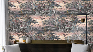 Club Safari wallpaper by Brand McKenzie in grey, a lush safari scene on a living room wall