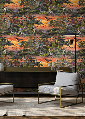 Club Safari wallpaper by Brand McKenzie in orange, a lush safari scene behind a sofa in a living room