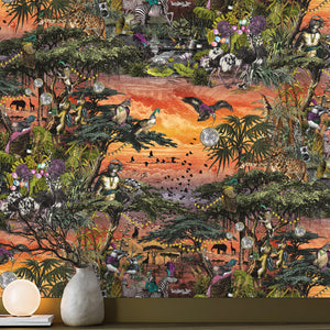Club Safari wallpaper by Brand McKenzie in orange, a lush safari scene in a living room