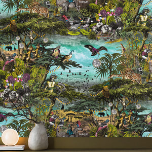 Club Safari wallpaper by Brand McKenzie in green and turquoise, a lush safari scene in a living room