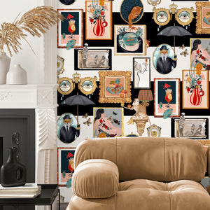 Connecting Frames wallpaper by Brand McKenzie in black and white, a gallery wall of framed portraits in a living room