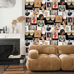 Connecting Frames wallpaper by Brand McKenzie in black and white behind a sofa in a living room