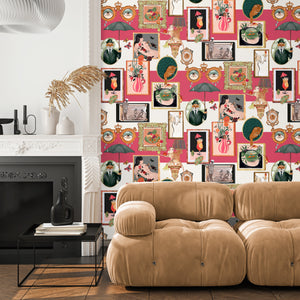 Connecting Frames wallpaper by Brand McKenzie in pink, a gallery wall of framed portraits on a living room wall