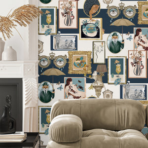 Connecting Frames wallpaper by Brand McKenzie in navy, a gallery wall of framed portraits on a living room wall