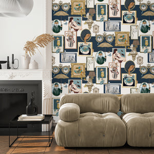 Connecting Frames wallpaper by Brand McKenzie in navy, a gallery wall of framed portraits in a living room
