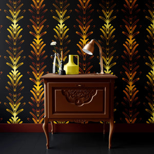 Copper Coral wallpaper by Liberty James Studio in black and gold, roll showing art deco coral fans