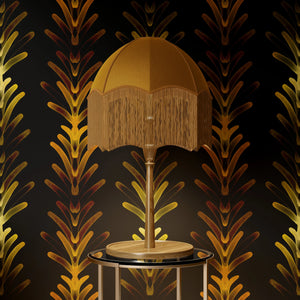 Copper Coral wallpaper by Liberty James Studio in black and gold, art deco coral fans in a living room
