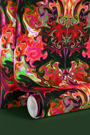 Coral Gables wallpaper by Liberty James Studio in pink, red and green, partly unrolled roll showing a bold mirrored floral