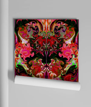 Coral Gables wallpaper by Liberty James Studio in pink, red and green, roll showing a bold mirrored floral