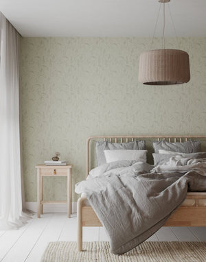 Cornish Meadow wallpaper by Seed Home Designs in grey, fine meadow grasses in a bedroom