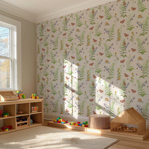 Cornish Woodland wallpaper by Seed Home Designs in green and orange, woodland flowers and creatures in a child's room