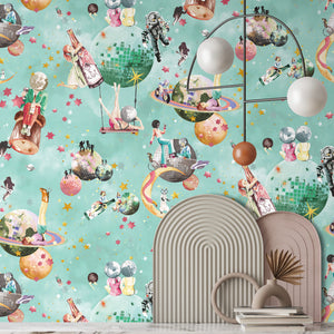Cosmic Groove wallpaper by Brand McKenzie in aqua, retro figures floating in space around a fireplace