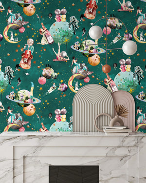 Cosmic Groove wallpaper by Brand McKenzie in dark green, detail of retro figures floating in space