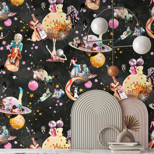 Cosmic Groove wallpaper by Brand McKenzie in charcoal, retro figures floating in space beside a fireplace