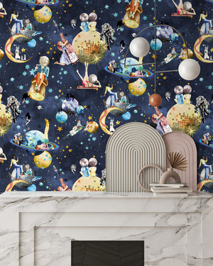 Cosmic Groove wallpaper by Brand McKenzie in navy, retro figures floating in space beside a fireplace