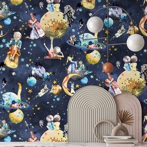Cosmic Groove wallpaper by Brand McKenzie in navy, retro figures floating in space above a white mantelpiece