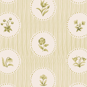 Cottage Ditsy Stripe wallpaper by Studio Le Cocq in yellow, full repeat of ditsy flower roundels on stripes