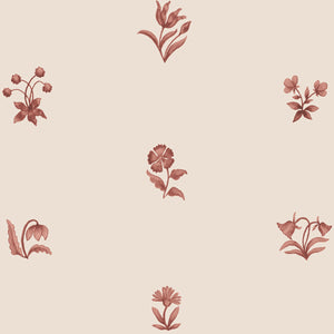 Cottage Ditsy wallpaper by Studio Le Cocq in burgundy, flat sample of scattered ditsy flowers