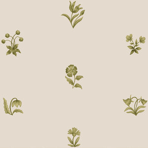 Cottage Ditsy wallpaper by Studio Le Cocq in green, full repeat of scattered ditsy flowers