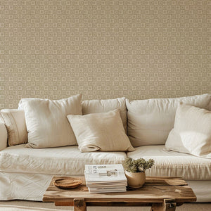St. Swithin wallpaper by Studio Le Cocq in terracotta, a small woven-look motif in a living room
