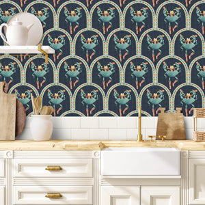 Crab Cabana wallpaper by Brand McKenzie in blue, crabs under scalloped arches in a kitchen