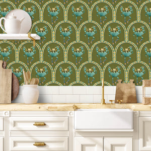 Crab Cabana wallpaper by Brand McKenzie in olive, crabs under scalloped arches behind bar stools