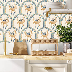 Crab Cabana wallpaper by Brand McKenzie in beige, crabs under scalloped arches above kitchen cabinets