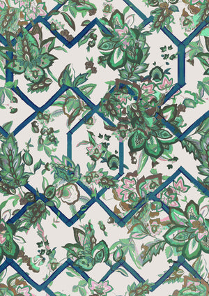 Creeping Trellis Metallic Grasscloth grasscloth by Parker and Jules in green and pink, flat sample of flowers on a trellis