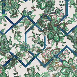 Creeping Trellis wallpaper by Parker and Jules in green and pink, flat sample of flowers on a trellis