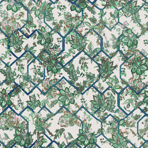 Creeping Trellis Metallic Grasscloth grasscloth by Parker and Jules in green and pink, full repeat of flowers on a trellis