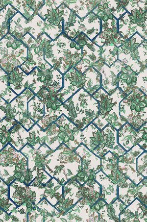 Creeping Trellis wallpaper by Parker and Jules in green and pink, full repeat of flowers on a trellis