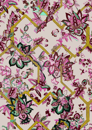 Creeping Trellis Metallic Grasscloth grasscloth by Parker and Jules in pink and yellow, full repeat of flowers on a trellis